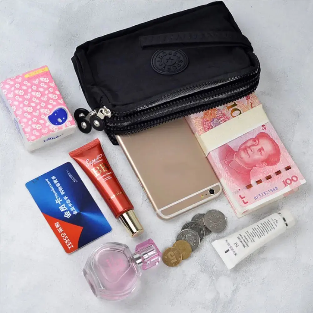 Coin Purse Solid Color Wrinkle Clutch Bags Three Zippers Fabric Phone Purse Portable Women Storage Pouch