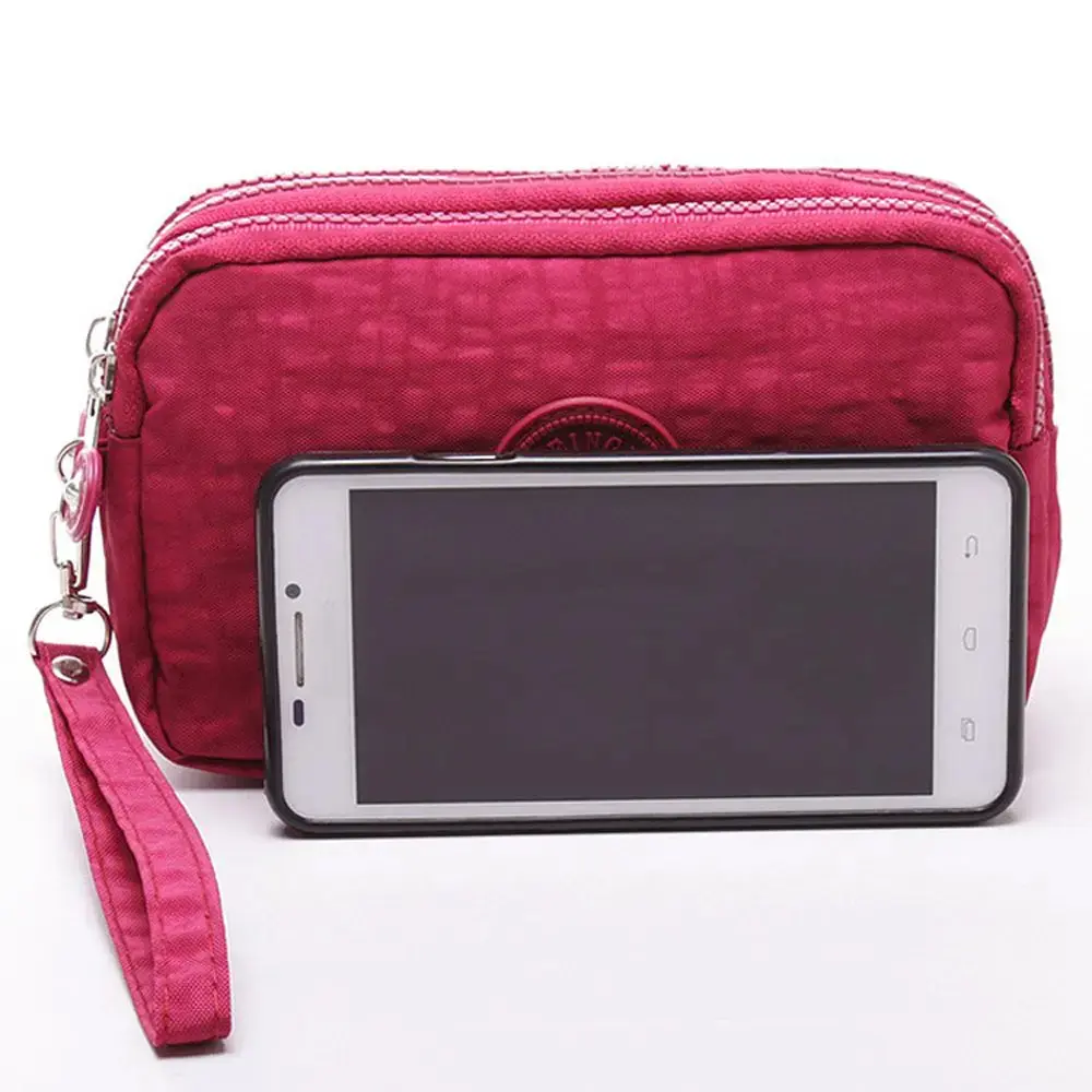 Coin Purse Solid Color Wrinkle Clutch Bags Three Zippers Fabric Phone Purse Portable Women Storage Pouch