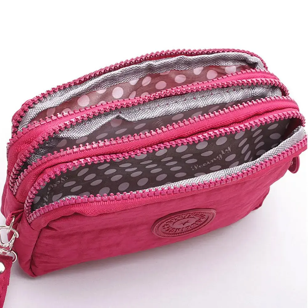 Coin Purse Solid Color Wrinkle Clutch Bags Three Zippers Fabric Phone Purse Portable Women Storage Pouch