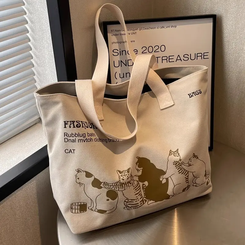 Canvas Totes Large Capacity Storage Handbag Women Tote Anime Cat Letters Shoulder Bags Girls Casual Commute Bag Portable Big Bag