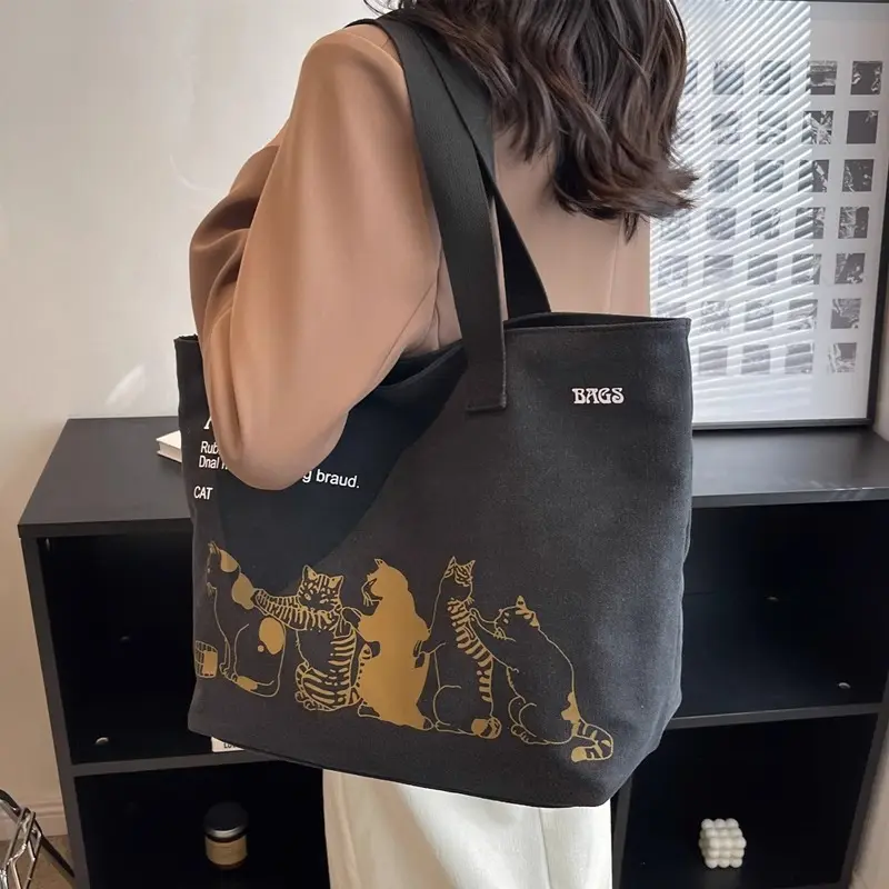 Canvas Totes Large Capacity Storage Handbag Women Tote Anime Cat Letters Shoulder Bags Girls Casual Commute Bag Portable Big Bag