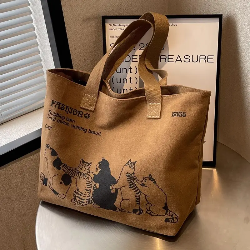 Canvas Totes Large Capacity Storage Handbag Women Tote Anime Cat Letters Shoulder Bags Girls Casual Commute Bag Portable Big Bag