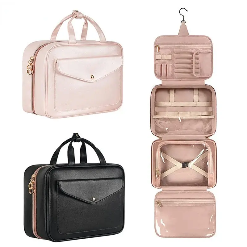 1PC PU Leather Travel Toiletry Bag With Convenient Buckle, Portable Foldable Water-resistant Makeup Bag Cosmetic Bag, Wash Bag