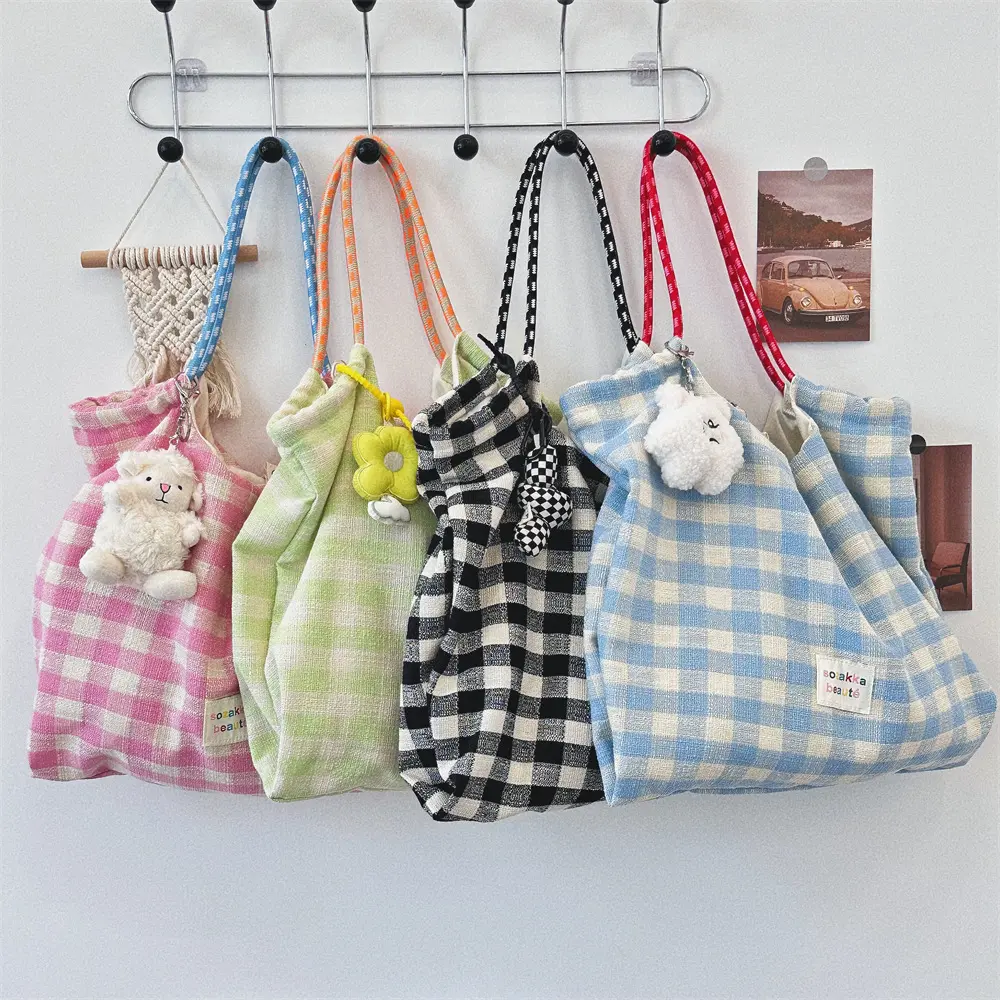 Casual Plaid Women Shopping Bag Large Capacity Ladies Daily Tote Handbags Cotton Cloth Double-sided Girls Shoulder Bags
