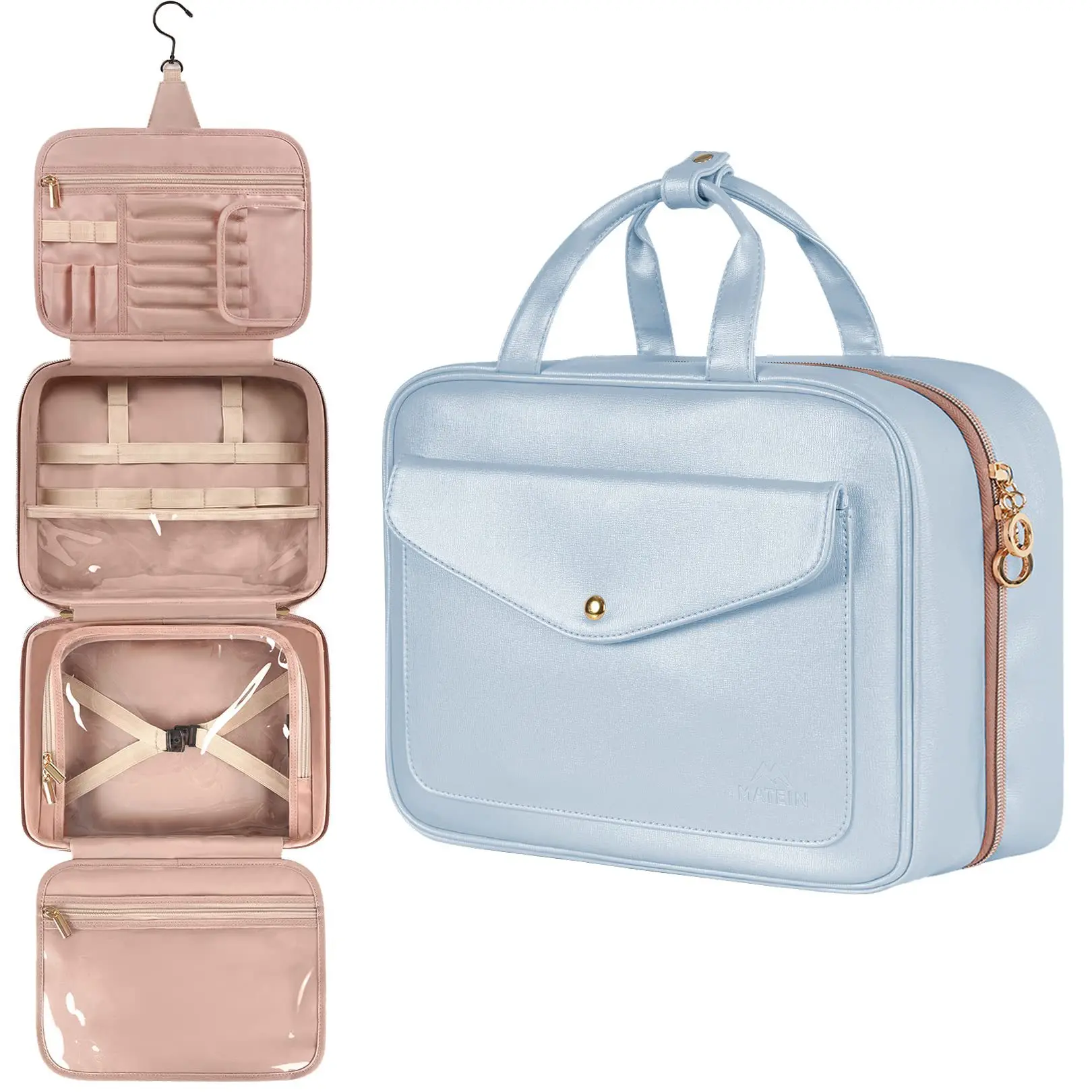 1PC PU Leather Travel Toiletry Bag With Convenient Buckle, Portable Foldable Water-resistant Makeup Bag Cosmetic Bag, Wash Bag