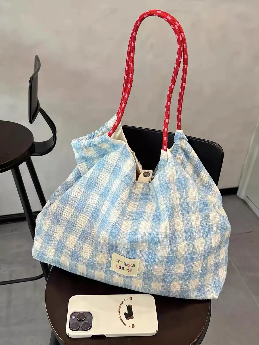 Casual Plaid Women Shopping Bag Large Capacity Ladies Daily Tote Handbags Cotton Cloth Double-sided Girls Shoulder Bags