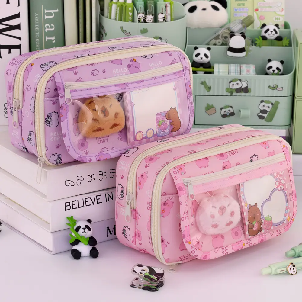 9-Layer Pen Bag Capybara/Panda Canvas Pencil Case Creative Simple Stationery Storage Pouch Lovely Student Gift