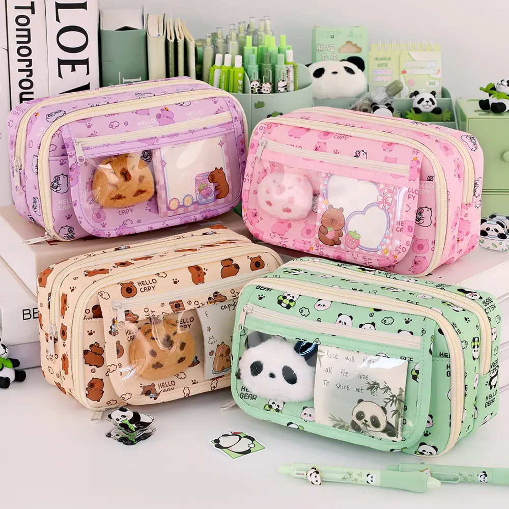 9-Layer Pen Bag Capybara/Panda Canvas Pencil Case Creative Simple Stationery Storage Pouch Lovely Student Gift