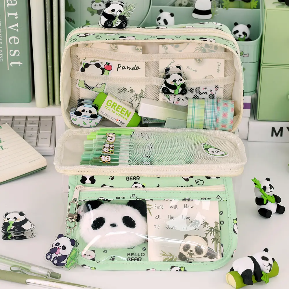 9-Layer Pen Bag Capybara/Panda Canvas Pencil Case Creative Simple Stationery Storage Pouch Lovely Student Gift