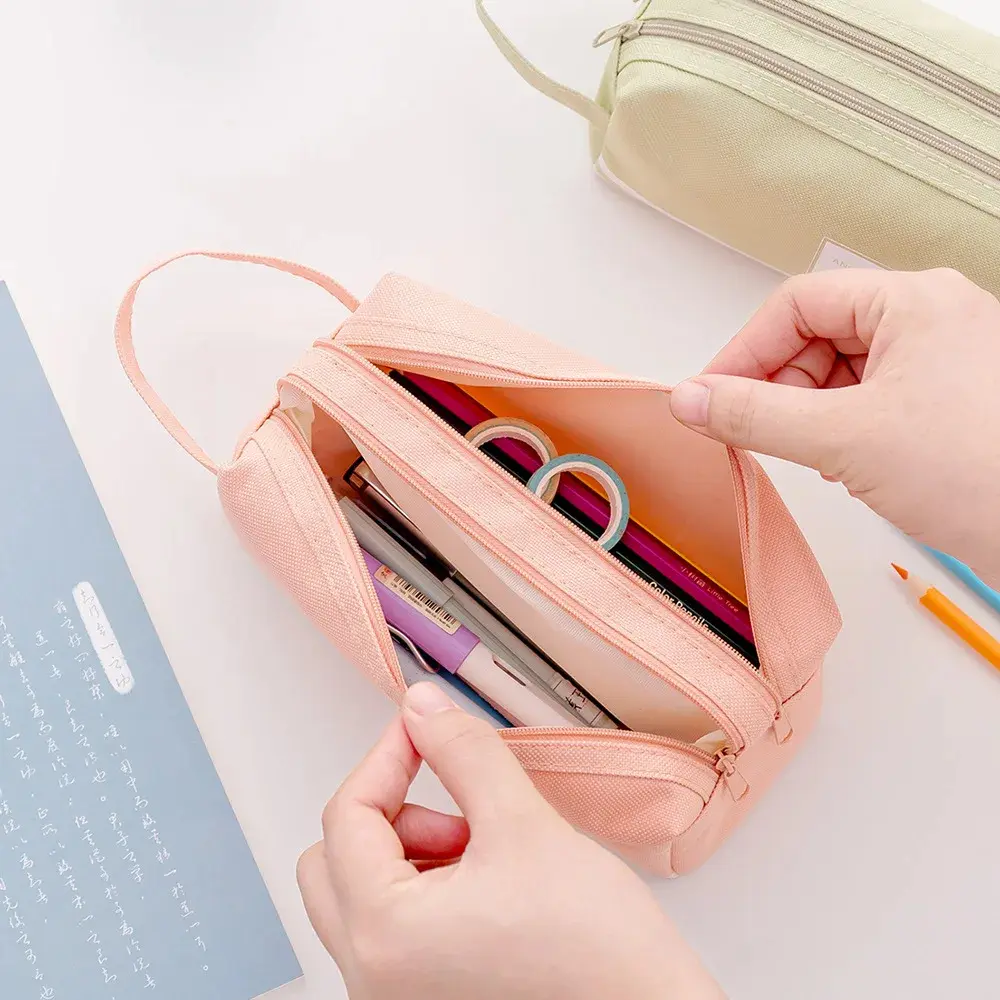 Cute Stripe Pencil Case Bag Makeup Bag for Women Man Kids Zipper Large Solid Color Cosmetic Bag Travel Make Up Organizer Bags