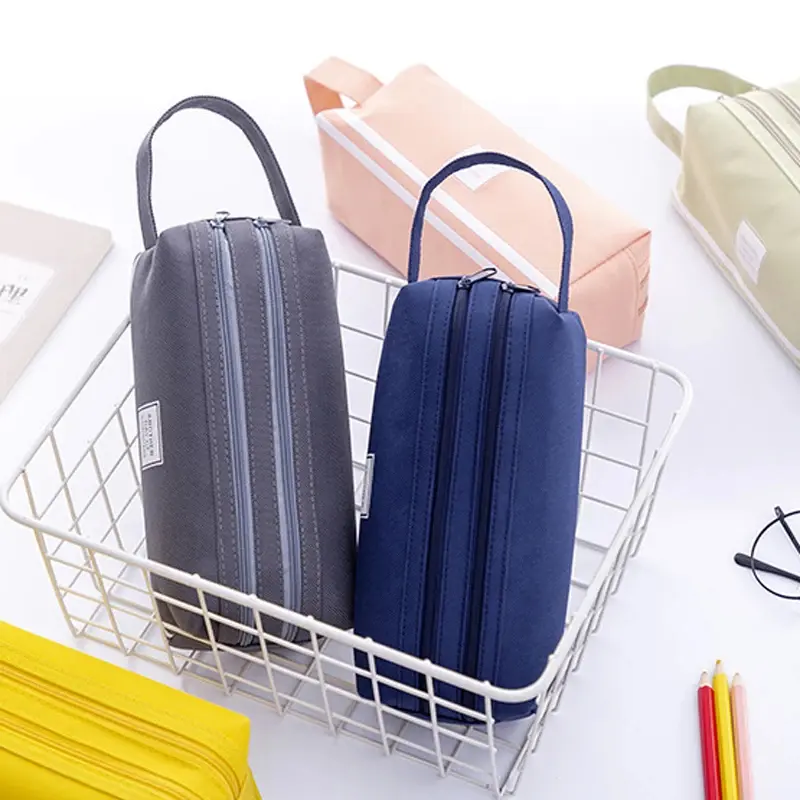 Cute Stripe Pencil Case Bag Makeup Bag for Women Man Kids Zipper Large Solid Color Cosmetic Bag Travel Make Up Organizer Bags