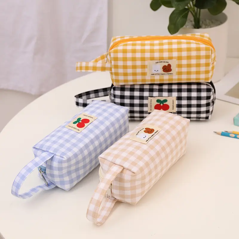 Checkboard Embroidery Pencil Bag Portable Stationery Bag High Capacity Kawaii Pens Women Girls Makeup Bags School Supplies