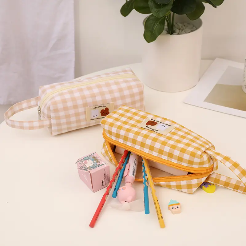 Checkboard Embroidery Pencil Bag Portable Stationery Bag High Capacity Kawaii Pens Women Girls Makeup Bags School Supplies