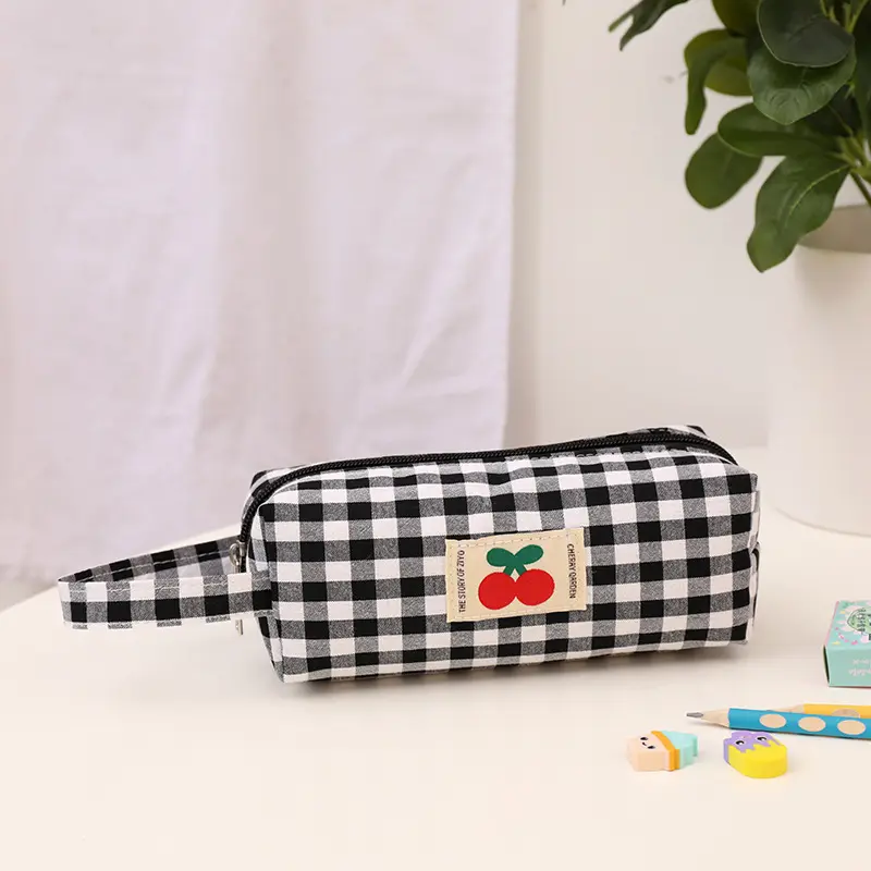 Checkboard Embroidery Pencil Bag Portable Stationery Bag High Capacity Kawaii Pens Women Girls Makeup Bags School Supplies