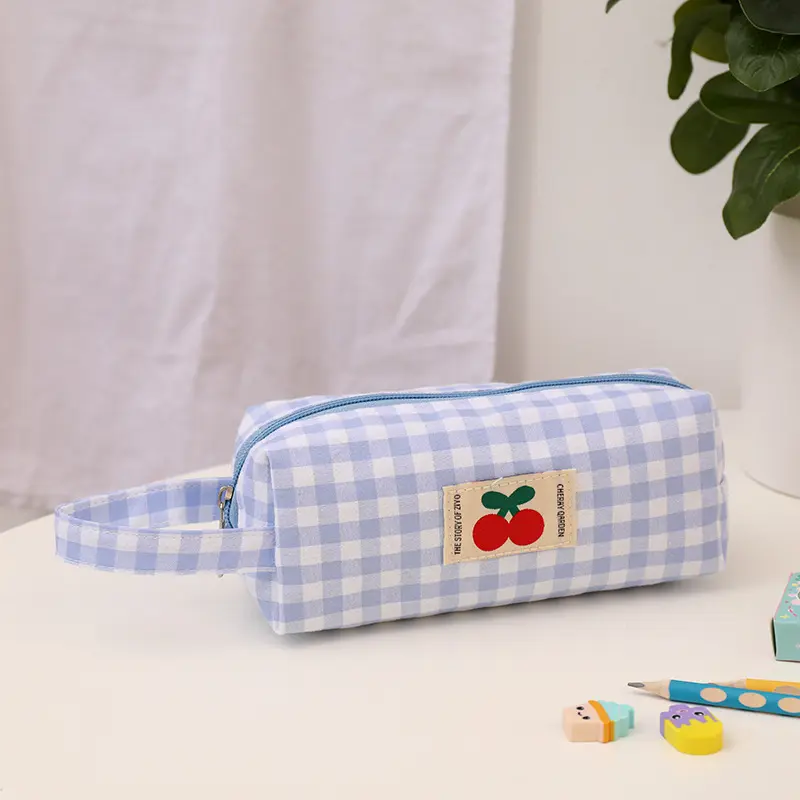 Checkboard Embroidery Pencil Bag Portable Stationery Bag High Capacity Kawaii Pens Women Girls Makeup Bags School Supplies