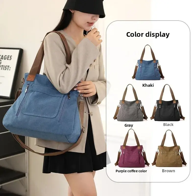Women's Casual Canvas Tote Bag Hot Sale Of The Season New Style Multi-Functional Single Shoulder Slant Cross Handbag Large Capac