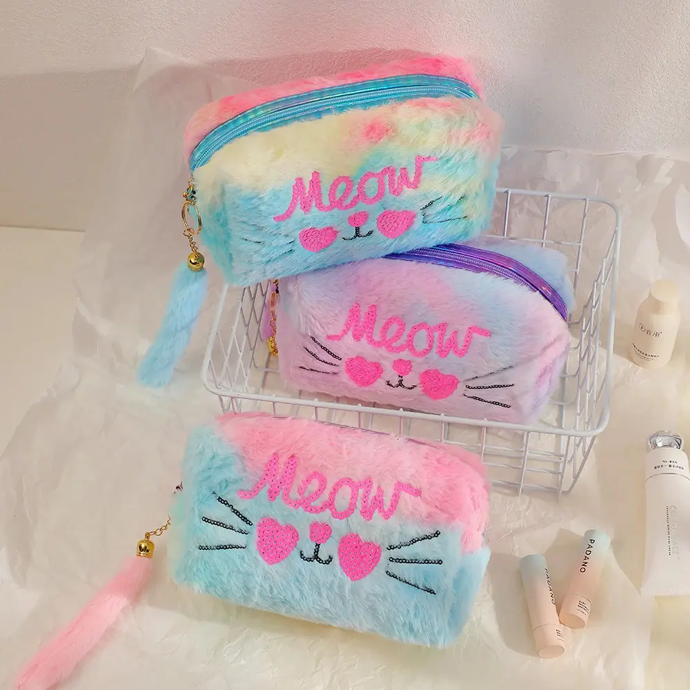 New Sweet Sequins Cat Makeup Pouch Soft Rainbow Furry Travel Cosmetic Organizer Pouch Girls Small Bag Pencil Case Bag
