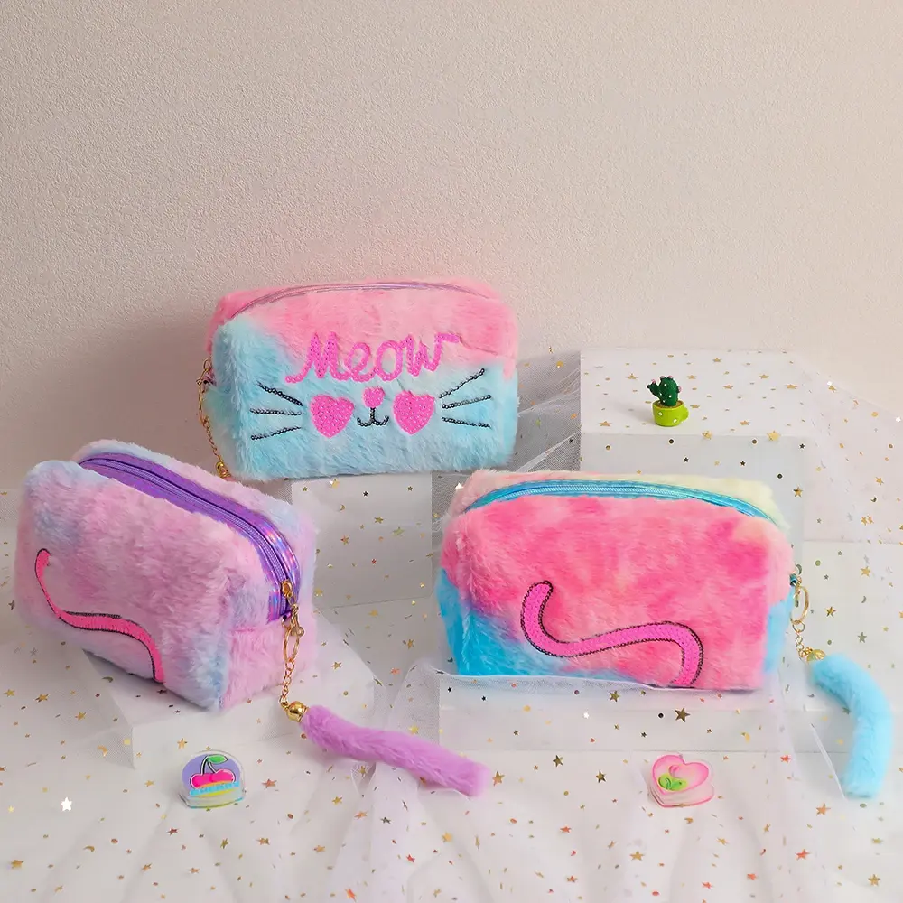 New Sweet Sequins Cat Makeup Pouch Soft Rainbow Furry Travel Cosmetic Organizer Pouch Girls Small Bag Pencil Case Bag
