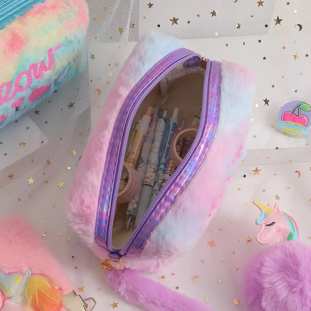 New Sweet Sequins Cat Makeup Pouch Soft Rainbow Furry Travel Cosmetic Organizer Pouch Girls Small Bag Pencil Case Bag