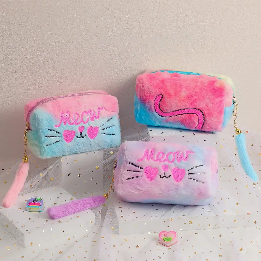 New Sweet Sequins Cat Makeup Pouch Soft Rainbow Furry Travel Cosmetic Organizer Pouch Girls Small Bag Pencil Case Bag