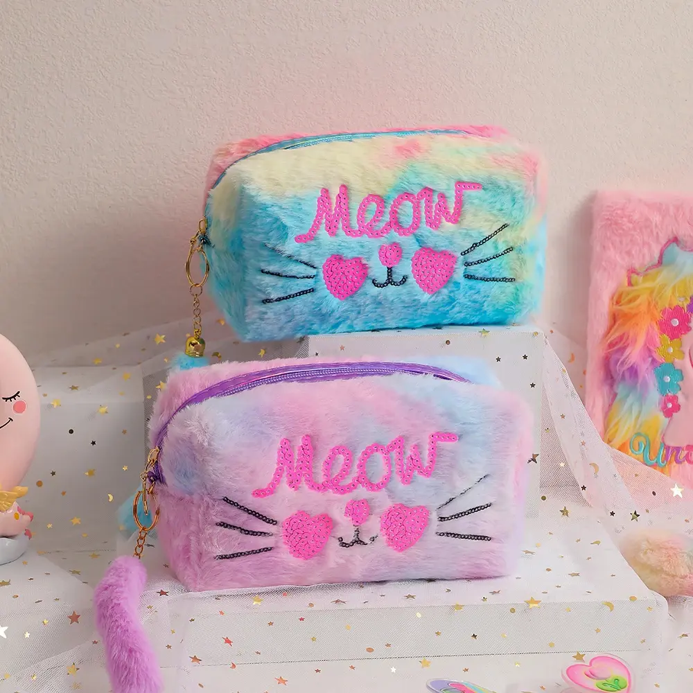 New Sweet Sequins Cat Makeup Pouch Soft Rainbow Furry Travel Cosmetic Organizer Pouch Girls Small Bag Pencil Case Bag