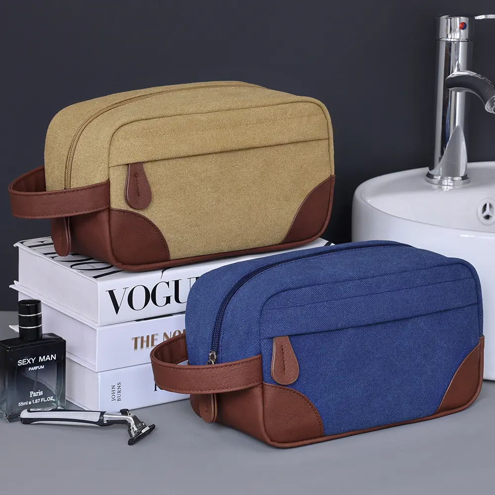 Large Capacity Leather Canvas Men Wash Shaving Women Toiletry Storage Waterproof Makeup Travel Organizer Retro Cosmetic Bag