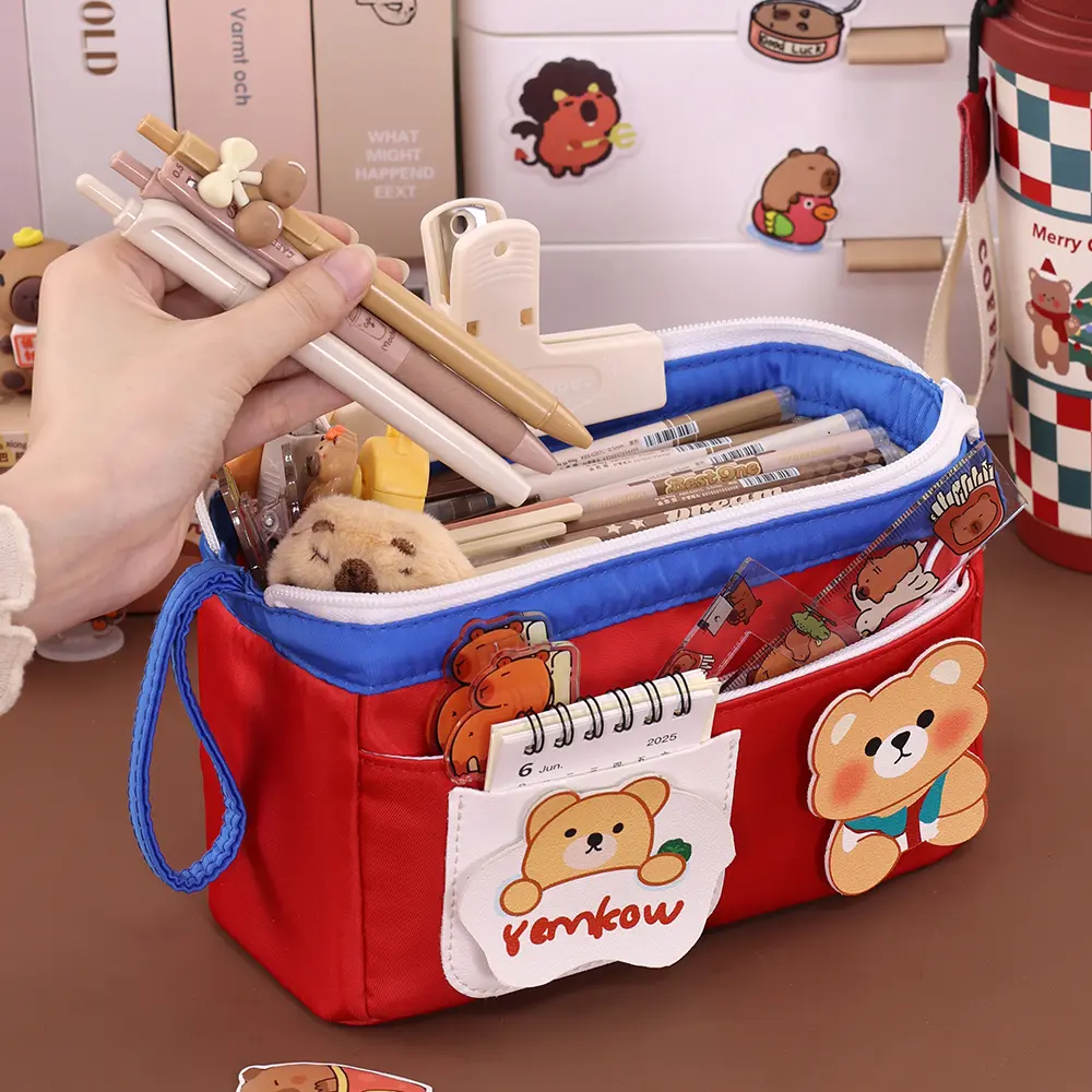 Cute Bear Cotton Fabric Student Pencil Case School Stationery Storage Bag High Aesthetic Value for Girls Pen Holder Makeup Pouch