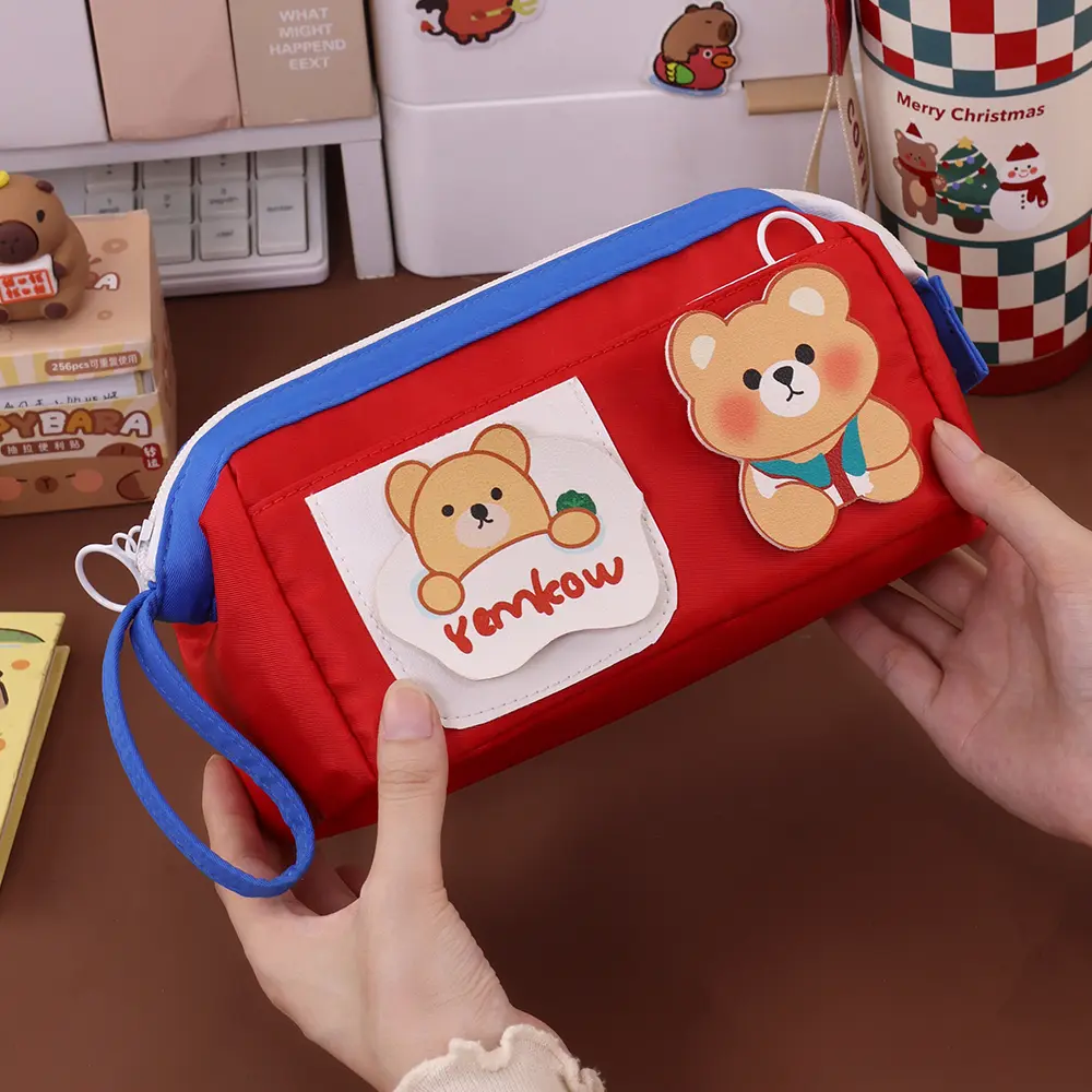 Cute Bear Cotton Fabric Student Pencil Case School Stationery Storage Bag High Aesthetic Value for Girls Pen Holder Makeup Pouch