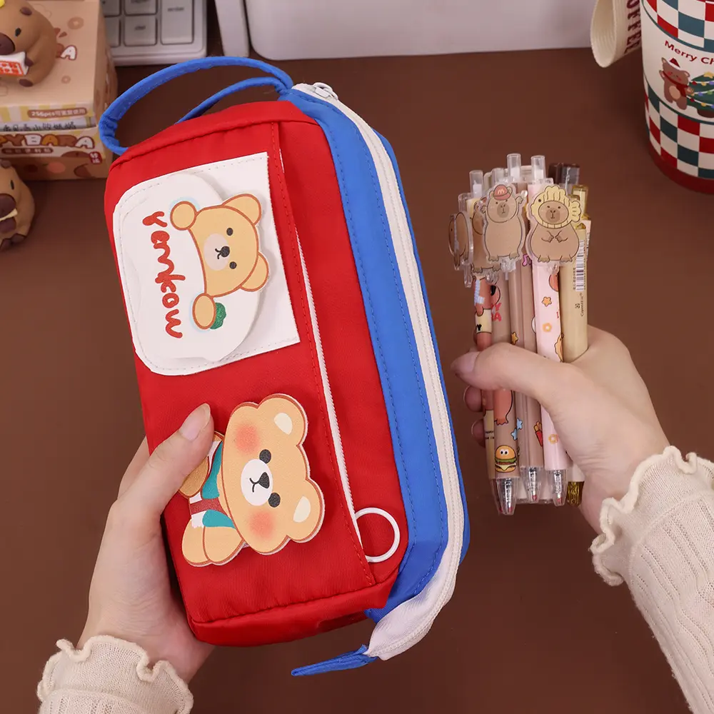 Cute Bear Cotton Fabric Student Pencil Case School Stationery Storage Bag High Aesthetic Value for Girls Pen Holder Makeup Pouch