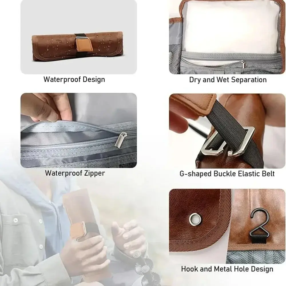 Toiletry Bag for Men Travel Organizer Hanging Bag Water-Resistant Bathroom PU Leather Hygiene Bag Roll Up Dopp Kit Shaving Bag
