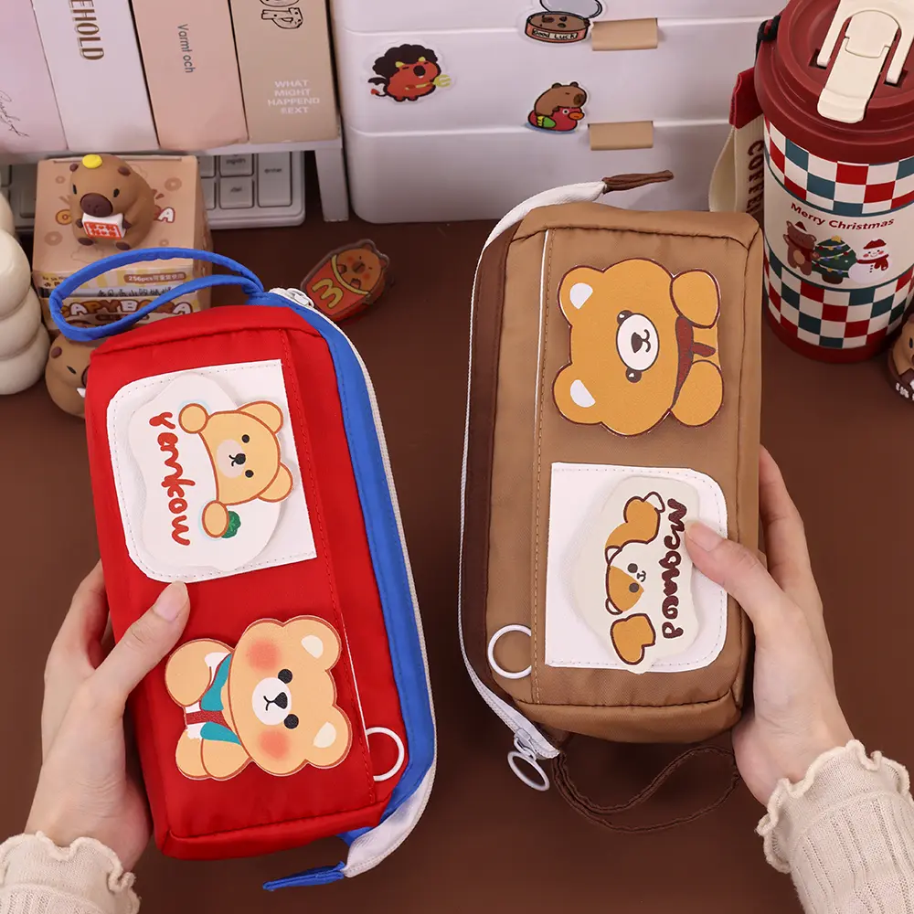 Cute Bear Cotton Fabric Student Pencil Case School Stationery Storage Bag High Aesthetic Value for Girls Pen Holder Makeup Pouch