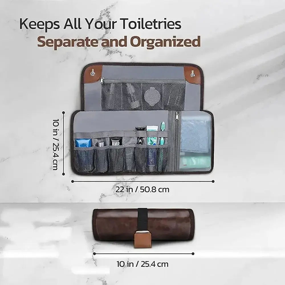 Toiletry Bag for Men Travel Organizer Hanging Bag Water-Resistant Bathroom PU Leather Hygiene Bag Roll Up Dopp Kit Shaving Bag