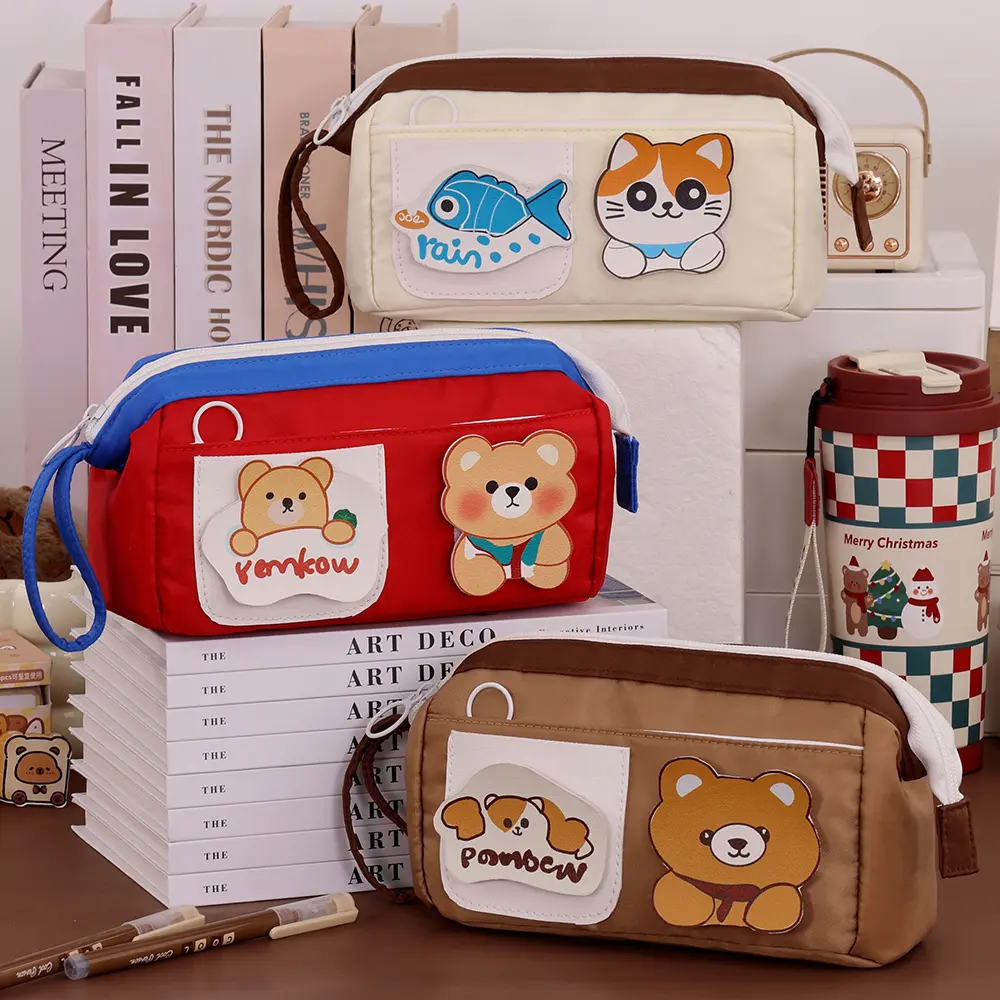 Cute Bear Cotton Fabric Student Pencil Case School Stationery Storage Bag High Aesthetic Value for Girls Pen Holder Makeup Pouch