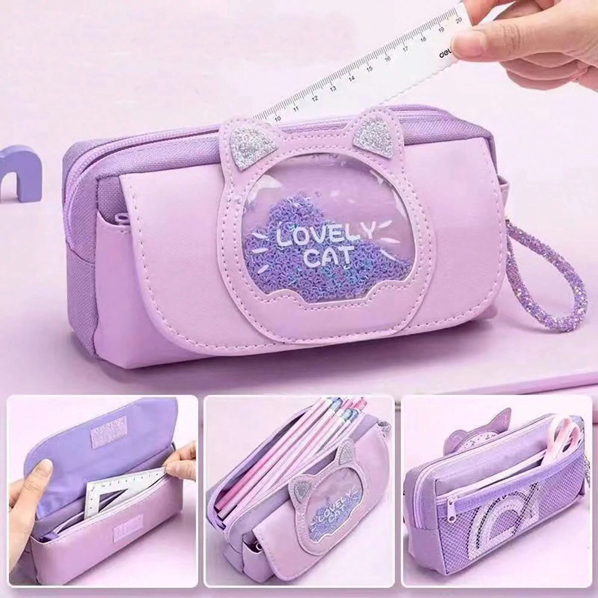 Double Layer Cute Cat Decompression Pencil Case Big Pencil Box Portable Girls Pen Bag School Pouch Kawaii Stationery Pensil Case