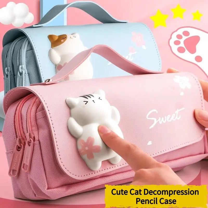 Double Layer Cute Cat Decompression Pencil Case Big Pencil Box Portable Girls Pen Bag School Pouch Kawaii Stationery Pensil Case