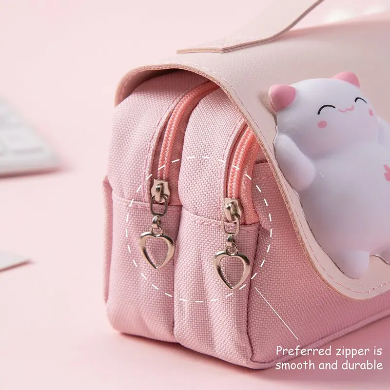 Double Layer Cute Cat Decompression Pencil Case Big Pencil Box Portable Girls Pen Bag School Pouch Kawaii Stationery Pensil Case
