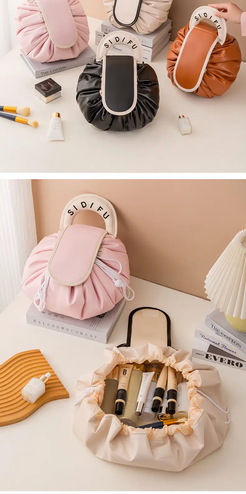 Luxury Drawstring Women's Makeup Bags PU Leather Waterproof Cosmetic Pouch Large Capacity Organizer High-end Design Storage Bags