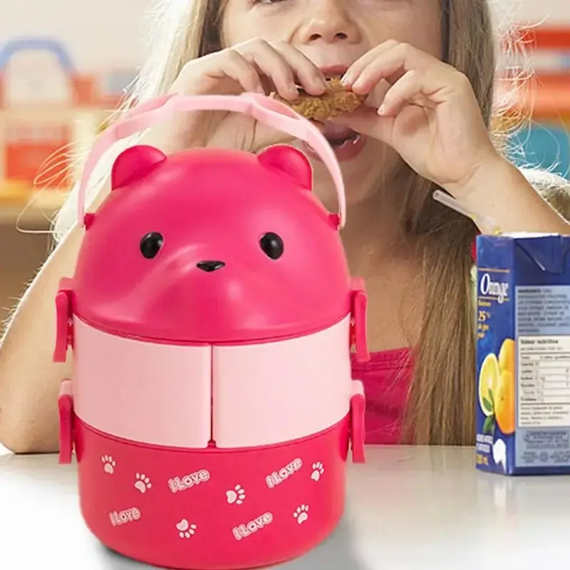 2 Layers Stackable Bento Box Portable Cute Cartoon Children Lunch Box Food Storage Container Eyeglass Bear Thermal Bento Box