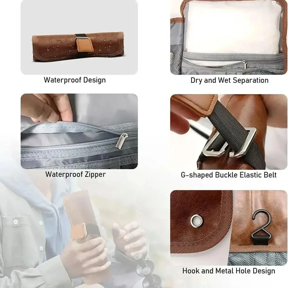 Travel Hanging Toiletry Bag for men PU Leather Water Resistant Universal Personal Hygiene Bag Roll Up Dopp Kit Travel Essentials