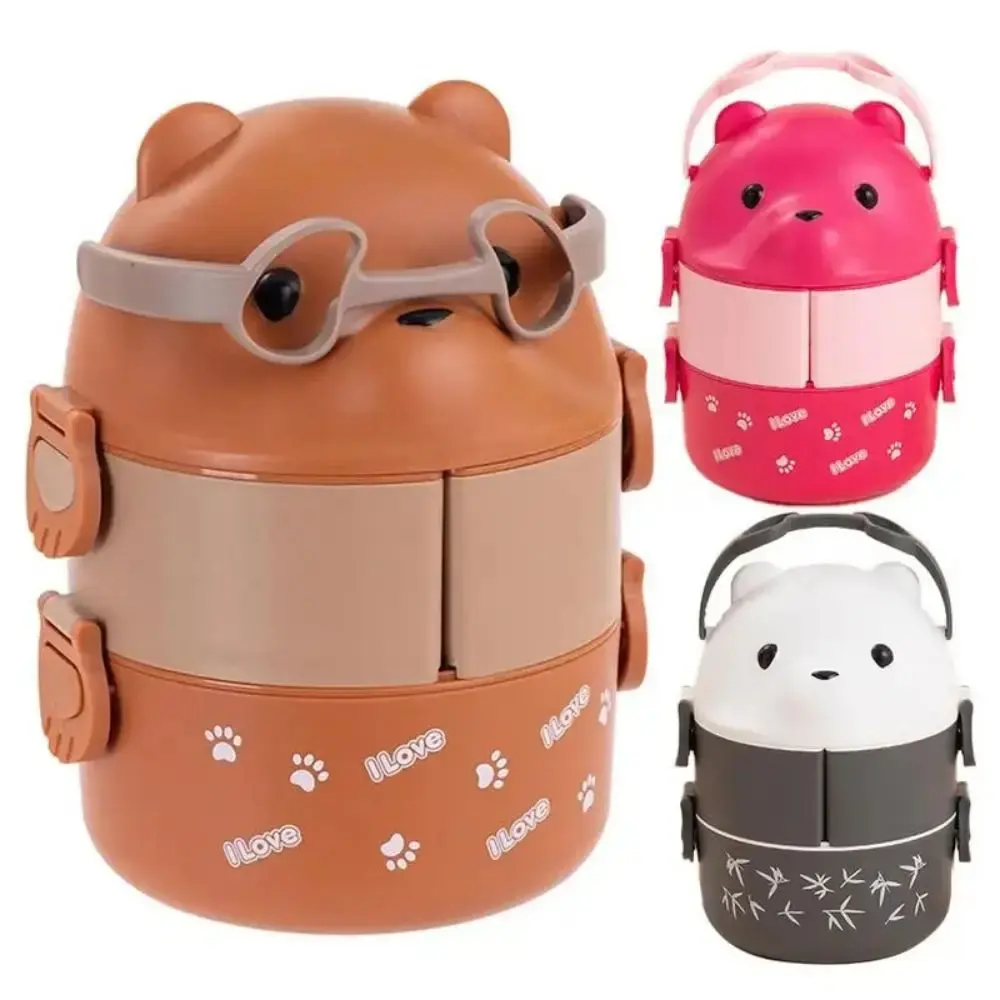 2 Layers Stackable Bento Box Portable Cute Cartoon Children Lunch Box Food Storage Container Eyeglass Bear Thermal Bento Box