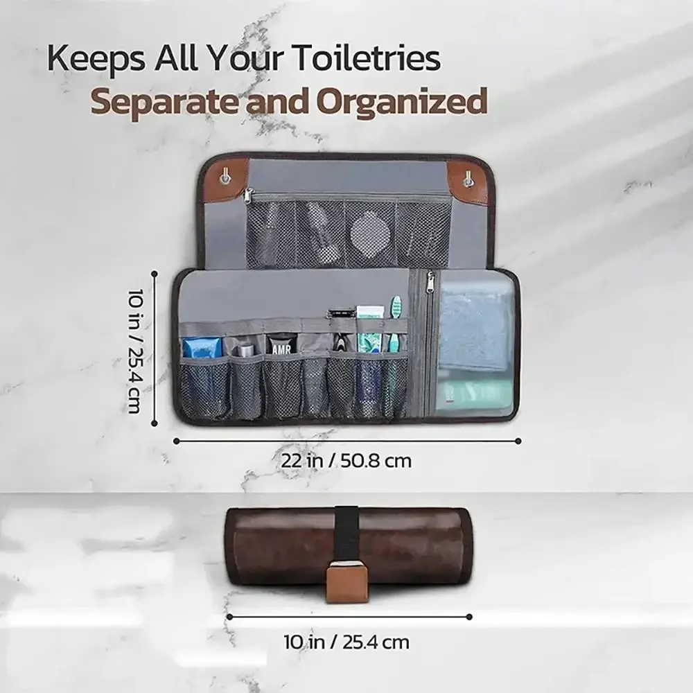 Travel Hanging Toiletry Bag for men PU Leather Water Resistant Universal Personal Hygiene Bag Roll Up Dopp Kit Travel Essentials