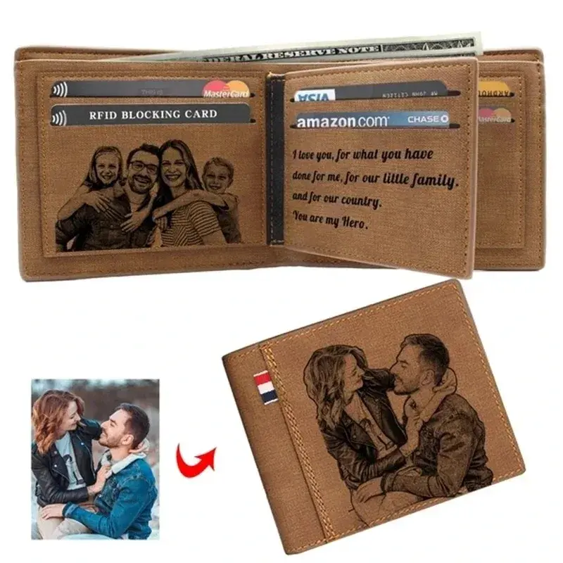 Engraving 2 Pictures & Text Card Holder PU Leather Bifold Wallets Custom Photo Engraved Wallet Gifts for Him Personalized Wallet