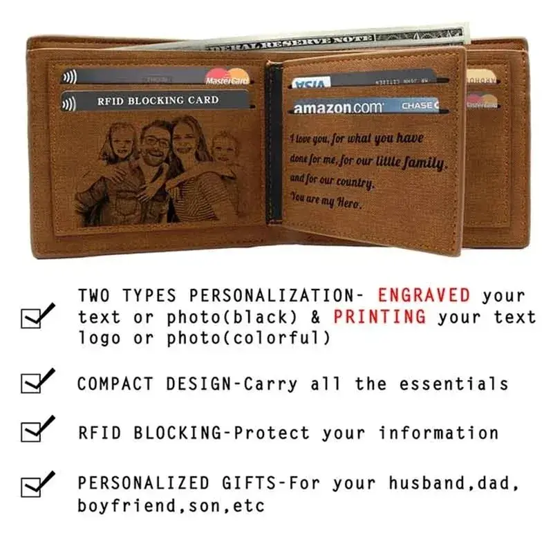 Engraving 2 Pictures & Text Card Holder PU Leather Bifold Wallets Custom Photo Engraved Wallet Gifts for Him Personalized Wallet