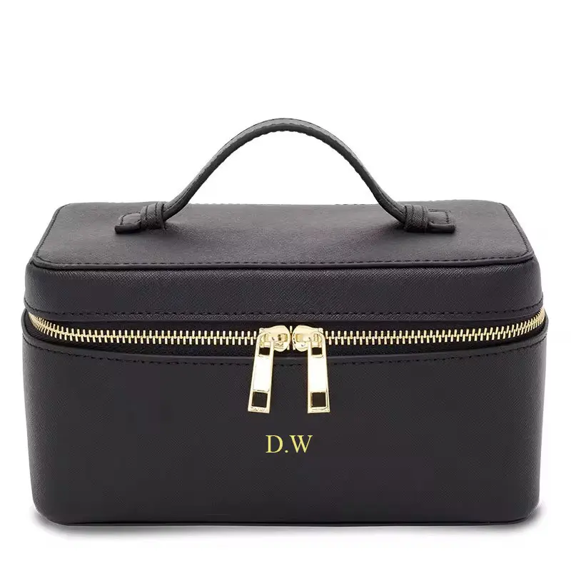Custom Name Ladies Saffiano Split Leather Travel Toiletry Case Bag Portable Hanging Makeup Organizer Box Cosmetic Bag For Women