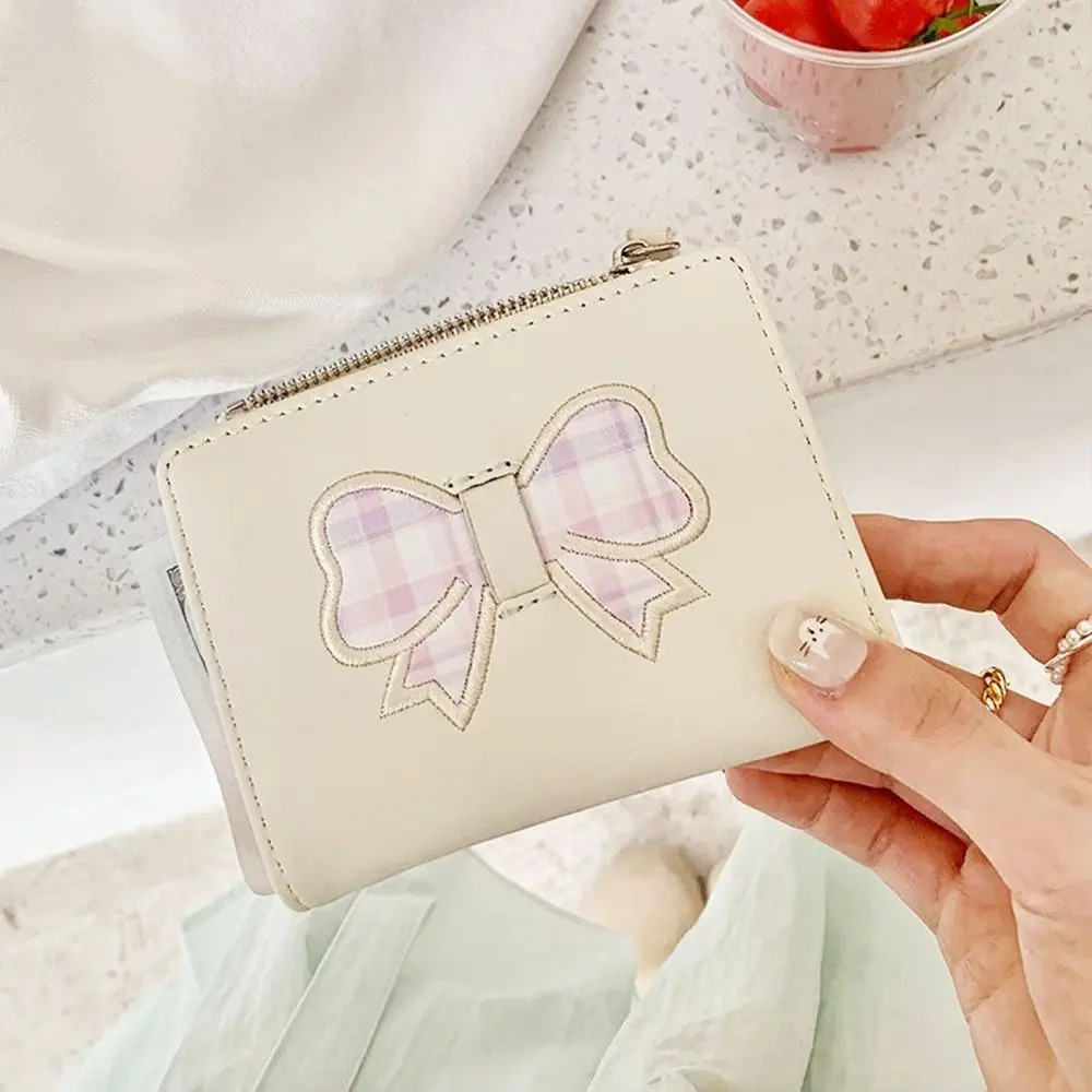 Portable Short Women's Wallet Plaid Heart Fold Wallet Bow PU Leather Clutch Purse Female