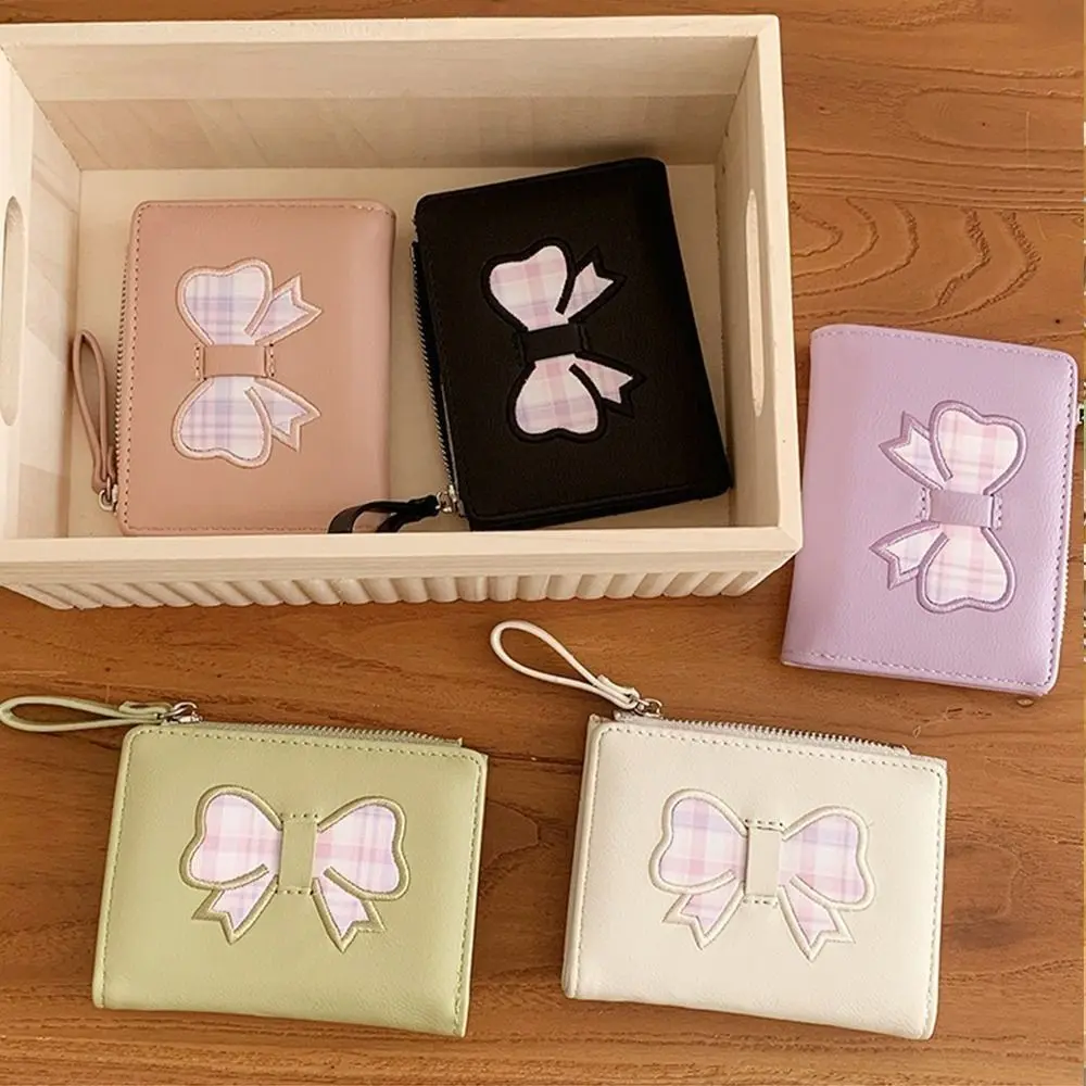 Portable Short Women's Wallet Plaid Heart Fold Wallet Bow PU Leather Clutch Purse Female