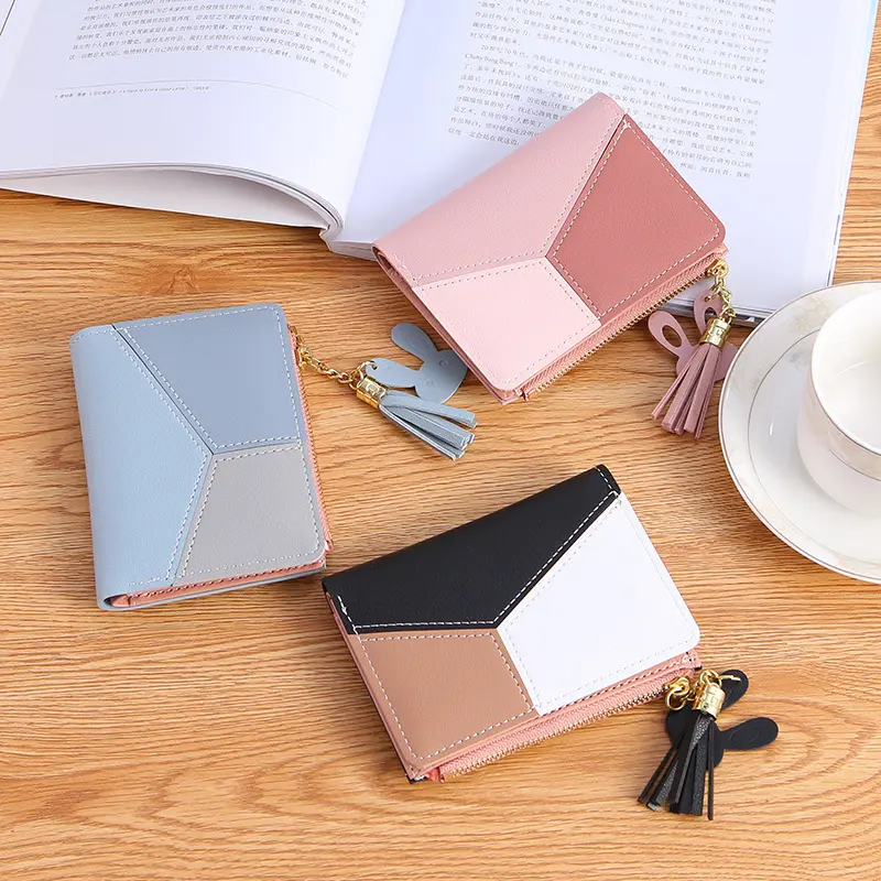 Women's Short Wallet PU Leather Zipper Wallet Students Simple Cute Card Holder Portable Coin Purse Girls Fashion Tassel Purses