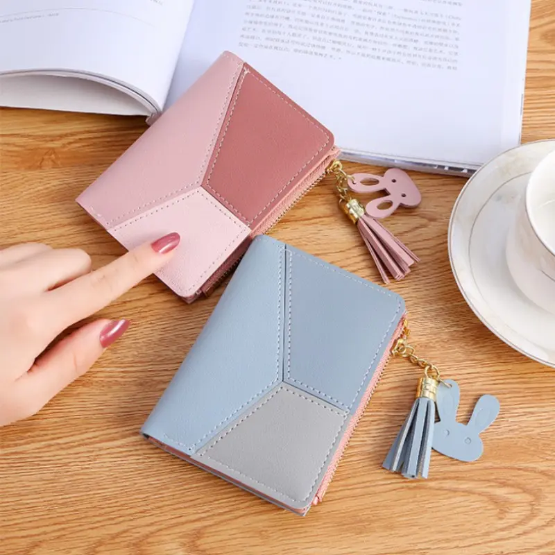 Women's Short Wallet PU Leather Zipper Wallet Students Simple Cute Card Holder Portable Coin Purse Girls Fashion Tassel Purses