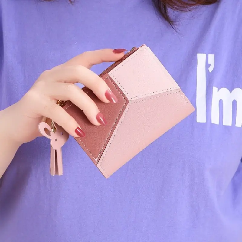 Women's Short Wallet PU Leather Zipper Wallet Students Simple Cute Card Holder Portable Coin Purse Girls Fashion Tassel Purses
