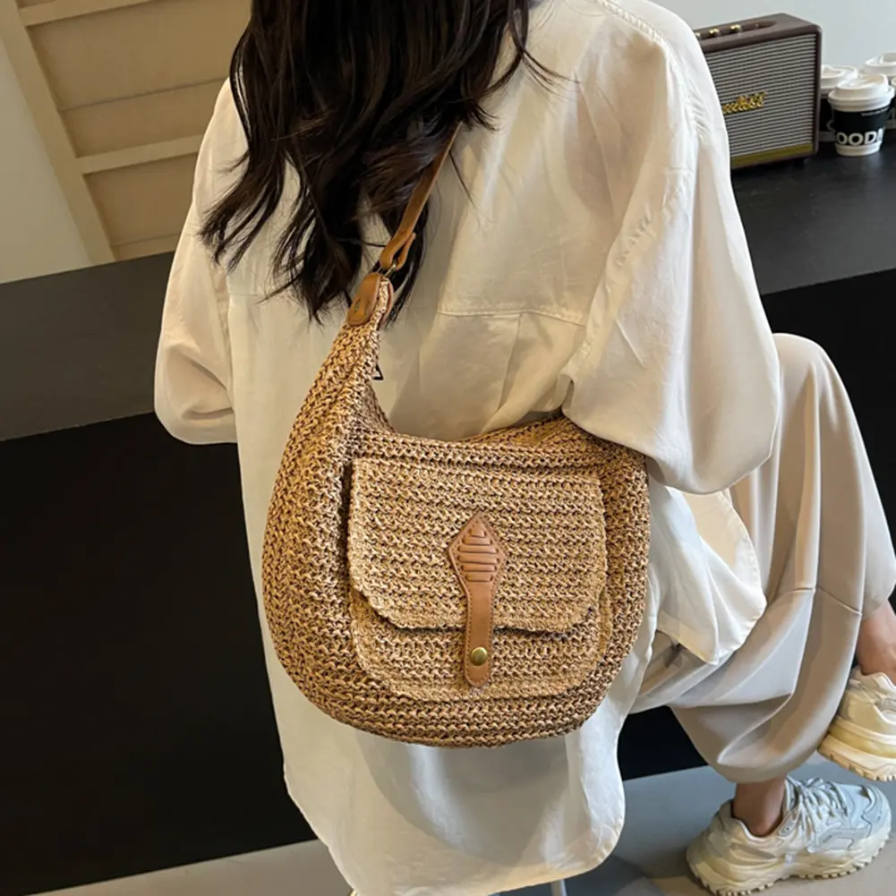 Summer Beach Woven Crossbody Bag Straw Weaving Shoulder Bag 2024 Raffia Zipper Handbag Boho Rattan Hand-Woven Travel Satchel Bag